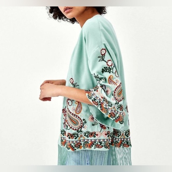 Zara Light Green Embroidered Fringe Kimono - Picture 3 of 14